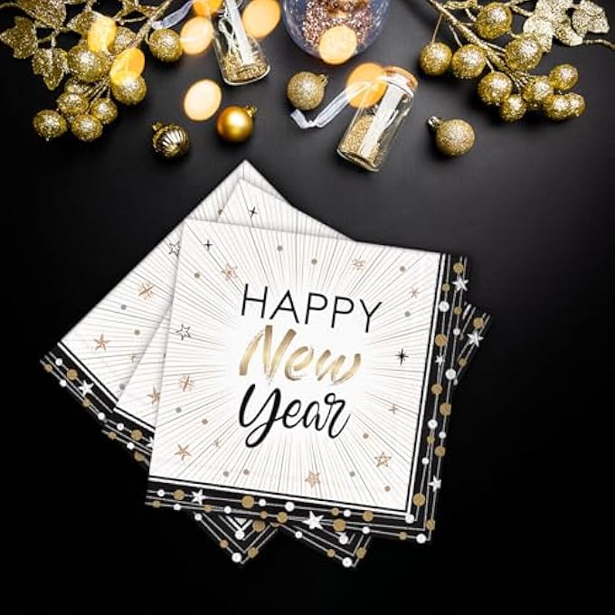50 HAPPY NEW YEAR PAPER NAPKINS DISPOSABLE BLACK GOLD PARTY DINNER NAPKIN - Image 4
